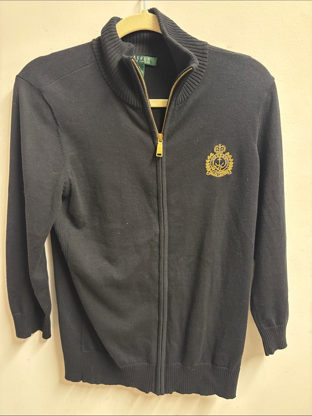 Ralph Lauren Black Zip-Up Crest Knit Sweater M